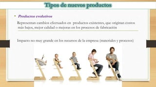• Productos evolutivos
Representan cambios efectuados en productos existentes, que originan costos
más bajos, mejor calidad o mejoras en los procesos de fabricación
Impacto no muy grande en los recursos de la empresa (materiales y procesos)
 