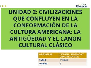 ASIGNATURA HISTORIA, GEOGRAFÍA Y
CIENCIAS SOCIALES
CURSO 7° Básico
UNIDAD 2
UNIDAD 2: CIVILIZACIONES
QUE CONFLUYEN EN LA
CONFORMACIÓN DE LA
CULTURA AMERICANA: LA
ANTIGÜEDAD Y EL CANON
CULTURAL CLÁSICO
 