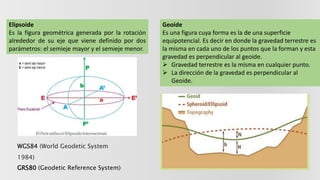 Elipsoide
Es la figura geométrica generada por la rotación
alrededor de su eje que viene definido por dos
parámetros: el semieje mayor y el semieje menor.
Geoide
Es una figura cuya forma es la de una superficie
equipotencial. Es decir en donde la gravedad terrestre es
la misma en cada uno de los puntos que la forman y esta
gravedad es perpendicular al geoide.
 Gravedad terrestre es la misma en cualquier punto.
 La dirección de la gravedad es perpendicular al
Geoide.
WGS84 (World Geodetic System
1984)
GRS80 (Geodetic Reference System)
 