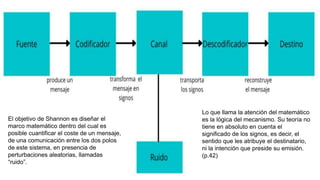 z
El objetivo de Shannon es diseñar el
marco matemático dentro del cual es
posible cuantificar el coste de un mensaje,
de una comunicación entre los dos polos
de este sistema, en presencia de
perturbaciones aleatorias, llamadas
“ruido”.
Lo que llama la atención del matemático
es la lógica del mecanismo. Su teoría no
tiene en absoluto en cuenta el
significado de los signos, es decir, el
sentido que les atribuye el destinatario,
ni la intención que preside su emisión.
(p.42)
 