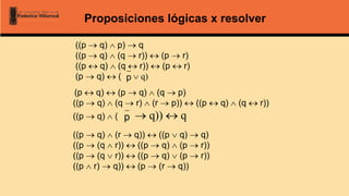 ((p  q)  p)  q
((p  q)  (q  r))  (p  r)
((p  q)  (q  r))  (p  r)
(p  q)  (  q)
(p  q)  (p  q)  (q  p)
((p  q)  (q  r)  (r  p))  ((p  q)  (q  r))
((p  q)  (  q))  q
((p  q)  (r  q))  ((p  q)  q)
((p  (q  r))  ((p  q)  (p  r))
((p  (q  r))  ((p  q)  (p  r))
((p  r)  q))  (p  (r  q))
p
p
Proposiciones lógicas x resolver
 
