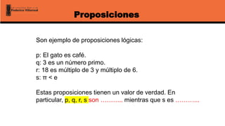 Son ejemplo de proposiciones lógicas:
p: El gato es café.
q: 3 es un número primo.
r: 18 es múltiplo de 3 y múltiplo de 6.
s: π < e
Estas proposiciones tienen un valor de verdad. En
particular, p, q, r, s son ……….. mientras que s es ………...
Proposiciones
 