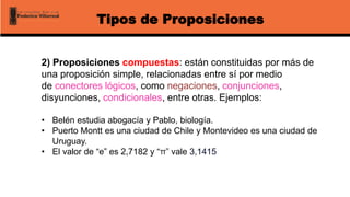 Tipos de Proposiciones
2) Proposiciones compuestas: están constituidas por más de
una proposición simple, relacionadas entre sí por medio
de conectores lógicos, como negaciones, conjunciones,
disyunciones, condicionales, entre otras. Ejemplos:
• Belén estudia abogacía y Pablo, biología.
• Puerto Montt es una ciudad de Chile y Montevideo es una ciudad de
Uruguay.
• El valor de “e” es 2,7182 y “π” vale 3,1415
 