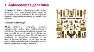 1. Antecedentes generales
El dibujo. Un dibujo es la representación gráfica
de seres o cosas reales o imaginadas, creadas por
el hombre o por la naturaleza. Es un medio de
expresión propio del ser humano y tan antiguo como
él mismo.
Clasificación del dibujo.
Dibujo simbólico. Comprende cualquier
representación gráfica que emplee signos o
símbolos en forma convencional para expresar una
idea concreta; tal es el caso de las letras que
empleamos actualmente para escribir, las notas
musicales, los jeroglíficos empleados por los
egipcios, los símbolos eléctricos, etc. Aquí también
quedan incluidos los logotipos, considerados como la
versión moderna de la antigua heráldica.
 