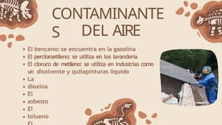 CONTAMINANTE
S DEL AIRE
El benceno: se encuentra en la gasolina
El percloroetileno: se utiliza en los lavanderia
El cloruro de metileno: se utiliza en industrias como
un disolvente y quitapinturas liquido
La
dioxina
El
asbesto
El
tolueno
 