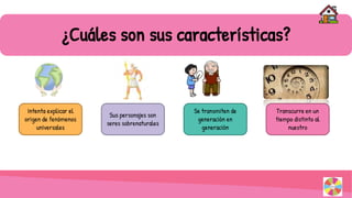 ¿Cuáles son sus características?
Intenta explicar el
origen de fenómenos
universales
Sus personajes son
seres sobrenaturales
Se transmiten de
generación en
generación
Transcurre en un
tiempo distinto al
nuestro
 