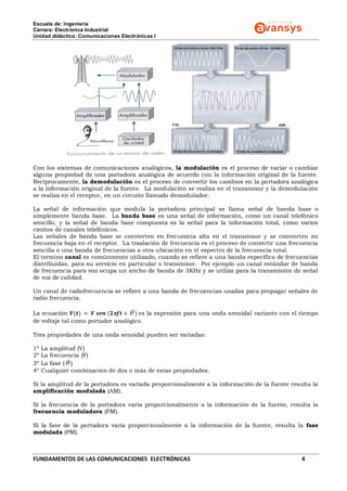 Escuela de: Ingeniería
Carrera: Electrónica Industrial
Unidad didáctica: Comunicaciones Electrónicas I
FUNDAMENTOS DE LAS COMUNICACIONES ELECTRÓNICAS 4
Con los sistemas de comunicaciones analógicos, la modulación es el proceso de variar o cambiar
alguna propiedad de una portadora analógica de acuerdo con la información original de la fuente.
Recíprocamente, la demodulación es el proceso de convertir los cambios en la portadora analógica
a la información original de la fuente. La modulación se realiza en el transmisor y la demodulación
se realiza en el receptor, en un circuito llamado demodulador.
La señal de información que modula la portadora principal se llama señal de banda base o
simplemente banda base. La banda base es una señal de información, como un canal telefónico
sencillo, y la señal de banda base compuesta es la señal para la información total, como varios
cientos de canales telefónicos.
Las señales de banda base se convierten en frecuencia alta en el transmisor y se convierten en
frecuencia baja en el receptor. La traslación de frecuencia es el proceso de convertir una frecuencia
sencilla o una banda de frecuencias a otra ubicación en el espectro de la frecuencia total.
El termino canal es comúnmente utilizado, cuando se refiere a una banda específica de frecuencias
distribuidas, para su servicio en particular o transmisor. Por ejemplo un canal estándar de banda
de frecuencia para voz ocupa un ancho de banda de 3KHz y se utiliza para la transmisión de señal
de voz de calidad.
Un canal de radiofrecuencia se refiere a una banda de frecuencias usadas para propagar señales de
radio frecuencia.
La ecuación 𝑽(𝒕) = 𝑽 𝒔𝒆𝒏 (𝟐 𝒇𝒕 +  ) es la expresión para una onda senoidal variante con el tiempo
de voltaje tal como portador analógico.
Tres propiedades de una onda senoidal pueden ser variadas:
1º La amplitud (V)
2º La frecuencia (F)
3º La fase ( )
4º Cualquier combinación de dos o más de estas propiedades.
Si la amplitud de la portadora es variada proporcionalmente a la información de la fuente resulta la
amplificación modulada (AM).
Si la frecuencia de la portadora varía proporcionalmente a la información de la fuente, resulta la
frecuencia moduladora (FM).
Si la fase de la portadora varía proporcionalmente a la información de la fuente, resulta la fase
modulada (PM).
 