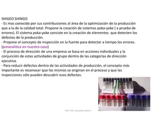 Prof. TM. Leonardo Rubio F.
SHIGEO SHINGO
· Es mas conocido por sus contribuciones al área de la optimización de la producción
que a la de la calidad total. Propone la creación de sistemas poka-yoke ( a prueba de
errores). El sistema poka-yoke consiste en la creación de elementos que detecten los
defectos de la producción.
· Propone el concepto de inspección en la fuente para detectar a tiempo los errores.
(preanalitica en nuestro caso)
· El proceso de dirección de una empresa se basa en acciones individuales y la
conjunción de estas actividades de grupo dentro de las categorías de dirección
ejecutiva.
· Para reducir defectos dentro de las actividades de producción, el concepto más
importante es reconocer que los mismos se originan en el proceso y que las
inspecciones sólo pueden descubrir esos defectos.
 