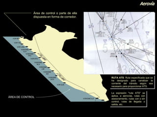 Aerovía
Área de control o parte de ella
dispuesta en forma de corredor.
RUTA ATS: Ruta especificada que se
ha designado para canalizar la
corriente del tránsito según sea
necesario para proporcionar ATS.
La expresión "ruta ATS" se
aplica, a aerovías, rutas con
asesoramiento, rutas con o sin
control, rutas de llegada o
salida, etc.
 