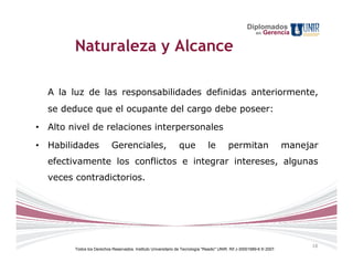 Diplomados
                                                                                                         en   Gerencia

        Naturaleza y Alcance

  A la luz de las responsabilidades definidas anteriormente,
  se deduce que el ocupante del cargo debe poseer:

• Alto nivel de relaciones interpersonales

• Habilidades              Gerenciales,                         que            le         permitan                     manejar
  efectivamente los conflictos e integrar intereses, algunas
  veces contradictorios.




                                                                                                                            18
        Todos los Derechos Reservados. Instituto Universitario de Tecnología "Readic" UNIR. Rif J-30001989-6 © 2007.
 