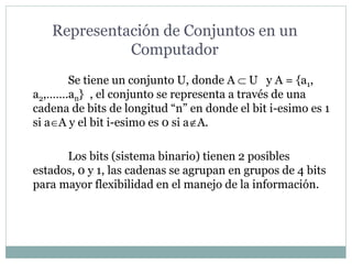 Representación de Conjuntos en un
Computador
Se tiene un conjunto U, donde A  U y A = {a1,
a2,…….an} , el conjunto se representa a través de una
cadena de bits de longitud “n” en donde el bit i-esimo es 1
si aA y el bit i-esimo es 0 si aA.
Los bits (sistema binario) tienen 2 posibles
estados, 0 y 1, las cadenas se agrupan en grupos de 4 bits
para mayor flexibilidad en el manejo de la información.
 
