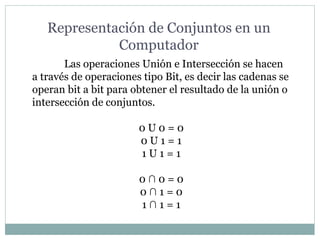 Las operaciones Unión e Intersección se hacen
a través de operaciones tipo Bit, es decir las cadenas se
operan bit a bit para obtener el resultado de la unión o
intersección de conjuntos.
0 U 0 = 0
0 U 1 = 1
1 U 1 = 1
0 ∩ 0 = 0
0 ∩ 1 = 0
1 ∩ 1 = 1
Representación de Conjuntos en un
Computador
 