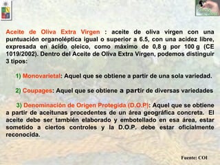 FRUTAS Aceite Oliva Virgen Extra   Denominaciones de Origen  l  Denominaciones Específicas  l  Métodos de Producción  l  Rutas Turísticas  l  Gastronomía Municipios de España  l  Espacios Naturales Protegidos © CERESPAIN S.L. (2001)   cerespain @ cerespain . com FRUTAS Aceite Oliva Virgen Extra   Denominaciones de Origen  l  Denominaciones Específicas  l  Métodos de Producción  l  Rutas Turísticas  l  Gastronomía Municipios de España  l  Espacios Naturales Protegidos © CERESPAIN S.L. (2001)   cerespain @ cerespain . com Fuente: COI                                                                                        Aceite de Oliva Extra Virgen  :  aceite de oliva virgen con una puntuación organoléptica igual o superior a 6.5, con una acidez libre, expresada en ácido oleico, como máximo de 0,8 g por 100 g (CE 1019/2002). Dentro del Aceite de Oliva Extra Virgen, podemos distinguir 3 tipos:        1)  Monovarietal : Aquel que se obtiene a partir de una sola variedad.         2)   Coupages : Aquel que se obtiene  a part ir de diversas variedades       3)   Denominación de Origen Protegida (D.O.P) : Aquel que se obtiene a partir de aceitunas procedentes de un área geográfica concreta.  El aceite debe ser también elaborado y embotellado en esa área, estar sometido a ciertos controles y la D.O.P. debe estar oficialmente reconocida. Lunes, 5 de julio de 2004  DENOMINACIONES DE ORIGEN DEL ACEITE 1- Les  Garrigues  2- Aceite del Bajo Aragón 3- Siurana 4- Gata- Hurdes 5- Montes de Toledo 6- Aceite  Monterrubio  7- Sierra de Segura 8- Sierra de  Cazorla 9- Sierra  Mágina  10- Baena 11- Priego  de Córdoba 12- Montes de Granada 13- Sierra de Cádiz ACEITE DE OLIVAVIRGEN EXTRA (El Producto) Frutas MÉTODOS DE PRODUCCIÓN Denominaciónes de Origen: RUTASTURÍSTICAS Aceite Oliva Virgen Extra ESPACIOS NATURALESPROTEGIDOS MUNICIPIOSDEESPAÑA                                                     Envía a un amigo! Enlaces (Links) Añadir a Favoritos                              DENOMINACIONESDE ORIGEN DENOMINACIONESESPECÍFICAS MÉTODOS DEPRODUCCIÓN RUTASTURÍSTICAS GASTRONOMÍADE ESPAÑA ACEITE DE OLIVAVIRGEN EXTRA                                                                                        Denominaciones de Origen del ACEITE DE OLIVA VIRGEN EXTRA 1- Les  Garrigues                                                                                          2- Aceite del Bajo Aragón 3- Siurana 4- Gata- Hurdes 5- Montes de Toledo 6- Aceite  Monterrubio 7- Sierra de Segura 8- Sierra de  Cazorla 9- Sierra  Mágina 10- Baena 11- Priego  de Córdoba 12- Montes de Granada 13- Sierra de Cádiz Están pendientes de desarrollar las Denominaciones de Origen siguientes: ACEITE DE TERRA ALTA ACEITE DE MALLORCA ACEITE DEL BAIX EBRE-MONTSIÀ PONIENTE DE GRANADA Lunes, 5 de julio de 2004  DENOMINACIONES DE ORIGEN DEL ACEITE 1- Les  Garrigues  2- Aceite del Bajo Aragón 3- Siurana 4- Gata- Hurdes 5- Montes de Toledo 6- Aceite  Monterrubio  7- Sierra de Segura 8- Sierra de  Cazorla 9- Sierra  Mágina  10- Baena 11- Priego  de Córdoba 12- Montes de Granada 13- Sierra de Cádiz ACEITE DE OLIVAVIRGEN EXTRA (El Producto) Frutas MÉTODOS DE PRODUCCIÓN Denominaciónes de Origen: RUTASTURÍSTICAS Aceite Oliva Virgen Extra ESPACIOS NATURALESPROTEGIDOS MUNICIPIOSDEESPAÑA                                                     Envía a un amigo! Enlaces (Links) Añadir a Favoritos                              DENOMINACIONESDE ORIGEN DENOMINACIONESESPECÍFICAS MÉTODOS DEPRODUCCIÓN RUTASTURÍSTICAS GASTRONOMÍADE ESPAÑA ACEITE DE OLIVAVIRGEN EXTRA                                                                                        Denominaciones de Origen del ACEITE DE OLIVA VIRGEN EXTRA 1- Les  Garrigues                                                                                          2- Aceite del Bajo Aragón 3- Siurana 4- Gata- Hurdes 5- Montes de Toledo 6- Aceite  Monterrubio 7- Sierra de Segura 8- Sierra de  Cazorla 9- Sierra  Mágina 10- Baena 11- Priego  de Córdoba 12- Montes de Granada 13- Sierra de Cádiz Están pendientes de desarrollar las Denominaciones de Origen siguientes: ACEITE DE TERRA ALTA ACEITE DE MALLORCA ACEITE DEL BAIX EBRE-MONTSIÀ PONIENTE DE GRANADA 