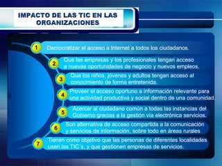 1   Democratizar el acceso a lnternet a todos los ciudadanos.

              Que las empresas y los profesionales tengan acceso
      2
              a nuevas oportunidades de negocio y nuevos empleos.
                Que los niños, jóvenes y adultos tengan acceso al
          3
                conocimiento de forma entretenida.
                Proveer el acceso oportuno a información relevante para
          4
                una actividad productiva y social dentro de una comunidad.
                 Acercar al ciudadano común a todas las instancias del
          5
                 Gobierno gracias a la gestión vía electrónica servicios.
              Son alternativa de acceso compartida a la comunicación
      6
              y servicios de información, sobre todo en áreas rurales
    Tienen como objetivo que las personas de diferentes localidades
7   usen las TIC´s, y que gestionen empresas de servicios.
 