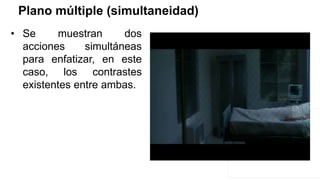 Plano múltiple (simultaneidad)
• Se muestran dos
acciones simultáneas
para enfatizar, en este
caso, los contrastes
existentes entre ambas.
 