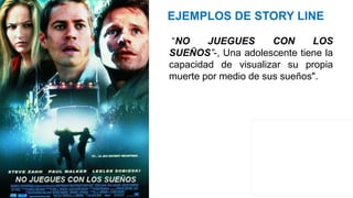 EJEMPLOS DE STORY LINE
“NO JUEGUES CON LOS
SUEÑOS”-, Una adolescente tiene la
capacidad de visualizar su propia
muerte por medio de sus sueños".
 