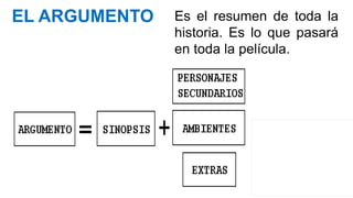 EL ARGUMENTO Es el resumen de toda la
historia. Es lo que pasará
en toda la película.
 