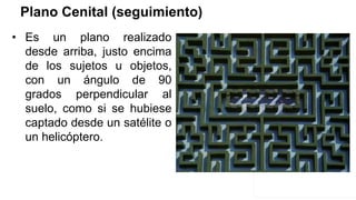 Plano Cenital (seguimiento)
• Es un plano realizado
desde arriba, justo encima
de los sujetos u objetos,
con un ángulo de 90
grados perpendicular al
suelo, como si se hubiese
captado desde un satélite o
un helicóptero.
 
