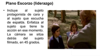 Plano Escorzo (liderazgo)
• Incluye al sujeto
protagonista de cara y
al sujeto que escucha
de espalda. Enfatiza al
sujeto que tiene la
acción en ese momento.
La cámara se sitúa
detrás del sujeto
filmado, en 45 grados.
 