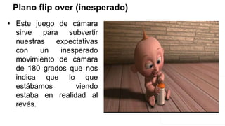 Plano flip over (inesperado)
• Este juego de cámara
sirve para subvertir
nuestras expectativas
con un inesperado
movimiento de cámara
de 180 grados que nos
indica que lo que
estábamos viendo
estaba en realidad al
revés.
 