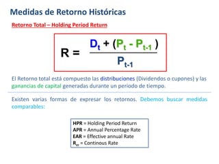 Medidas de Retorno Históricas
Retorno Total – Holding Period Return
Dt + (Pt - Pt-1 )
Pt-1
R =
El Retorno total está compuesto las distribuciones (Dividendos o cupones) y las
ganancias de capital generadas durante un periodo de tiempo.
Existen varias formas de expresar los retornos. Debemos buscar medidas
comparables:
HPR = Holding Period Return
APR = Annual Percentage Rate
EAR = Effective annual Rate
Rcc = Continous Rate
 