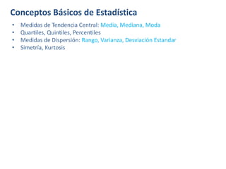 Conceptos Básicos de Estadística
• Medidas de Tendencia Central: Media, Mediana, Moda
• Quartiles, Quintiles, Percentiles
• Medidas de Dispersión: Rango, Varianza, Desviación Estandar
• Simetría, Kurtosis
 