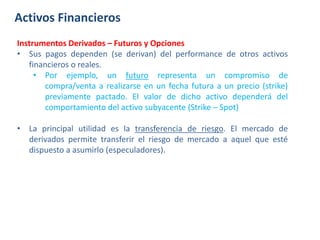 Activos Financieros
Instrumentos Derivados – Futuros y Opciones
• Sus pagos dependen (se derivan) del performance de otros activos
financieros o reales.
• Por ejemplo, un futuro representa un compromiso de
compra/venta a realizarse en un fecha futura a un precio (strike)
previamente pactado. El valor de dicho activo dependerá del
comportamiento del activo subyacente (Strike – Spot)
• La principal utilidad es la transferencia de riesgo. El mercado de
derivados permite transferir el riesgo de mercado a aquel que esté
dispuesto a asumirlo (especuladores).
 