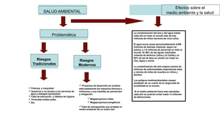 SALUD AMBIENTAL
Problemática
Efectos sobre el
medio ambiente y la salud
Riesgos
Tradicionales
Pobreza e inequidad
Ausencia o no acceso a los servicios de
agua y desagüe apropiados
Falta de educación y hábitos de higiene
Viviendas inadecuadas
Etc
Riesgos
Modernos
Proyectos de desarrollo sin analizar
adecuadamente los impactos directos e
indirectos y sus medidas de prevención
y mitigación.
Megaproyectos viales
Megaproyectos energéticos
Falta de salvaguardas que protejan el
medio ambiente de un modo real
La contaminación del aire y del agua matan
cada año en todo el mundo más de tres
millones de niños menores de cinco años.
El agua sucia causa aproximadamente 4,000
millones de diarreas matando, según se
estima, a 1,8 millones de personas en todo el
mundo. El 86% de las aguas residuales
urbanas de América Latina y el Caribe y el
65% de las de Asia se vierten sin tratar en
ríos, lagos y mares.
La contaminación del aire origina cientos de
millones de enfermedades respiratorias altas
y cientos de miles de muertes en niños y
adultos
Los peligros medioambientales causan
alrededor de un cuarto de la carga total de
morbilidad en el mundo.
Si el medio ambiente fuera más saludable,
cada año se podrían evitar hasta 13 millones
de defunciones.
 