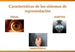 Características de los sistemas de
representación
AUDITIVO
KINESTÉSICO
VISUAL
 
