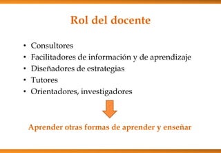 Rol del docente
• Consultores
• Facilitadores de información y de aprendizaje
• Diseñadores de estrategias
• Tutores
• Orientadores, investigadores
Aprender otras formas de aprender y enseñar
 