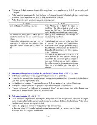 16
 El discurso de Pedro es una síntesis del evangelio de Lucas: es el anuncio de la fe que constituye el
“kerigma”.
 Pedro recuerda la presencia del Espíritu Santo en Jesús que lo ungió, lo bautizó, y le hace comprender
su misión. Toda la predicación de la fe debe ser el anuncio de Jesús.
 Pedro da un discurso, testimonio de Jesús en dos partes:
v. 34-35 v. 36-42
Dios no hace distinción de personas Jesús Mesías, es el Señor de todos los
hombres, y ha sido enviado a Israel, y fue
ungido por Dios con el Espíritu Santo y con
poder. Pasó por el mundo haciendo el bien
El hombre se hace grato a Dios por su
conducta moral, no por los sacrificios que
ofrece
Pedro y sus compañeros son testigos de
cuanto hizo y dijo Jesús.
Los profetas habían anunciado que en la era
mesiánica, el culto de los gentiles sería
agradable a Dios. (Leer Is 56: 7; Ml 1: 10-
11
Los judíos dieron muerte a Jesús, pero Dios
lo resucitó al tercer día, concediendo
manifestarse a los testigos que había elegido
de antemano, ordenándoles dar testimonio
de que ha sido constituido por Dios «juez de
vivos y muertos»
El perdón de los pecados se obtiene por la fe
en el Nombre de Jesús Mesías, muerto y
resucitado. La salvación que se ofrece es
para todo hombre, ya sea judío o pagano.
Sin embargo, una fe viva y operante , don de
Dios, es la condición que Dios pide al
hombre.
3. Bautismo de los primeros gentiles: Irrupción del Espíritu Santo. (Hch 10: 44 - 48)
 El Espíritu Santo “cayó” sobre los gentiles: Pentecostés de la gentilidad.
 Los apóstoles no bautizaban, delegaban esta función y se reservaban para el anuncio de la Palabra de
Dios para los que ingresaban a la fe.
 No olvidemos el proceso: Primero es el anuncio de Jesús, y después se recibía el bautismo.
 El Espíritu Santo hace visible su presencia mediante fenómenos “carismáticos”.
 “Hablar en lenguas” y “celebrar la grandeza de Dios” son expresiones que utiliza Lucas para
relacionar el acontecimiento con el día de Pentecostés.
4. Pedro en Jerusalén (Hch 11: 1 - 18)
 Lucas no oculta los problemas de la Iglesia de aquellos días: los discípulos de Jerusalén, de origen
judío, no aceptaban la idea del universalismo de la enseñanza de Jesús. Reclamaban a Pedro haber
comido con un pagana, y trasgredir la Ley.
 Vemos dos grupos de cristianos desde el inicio del cristianismo:
a)  Los que miran el Evangelio hacia adentro de la comunidad y se cierran a nuevas ideas.
b)  El que mira el Evangelio hacia afuera
 