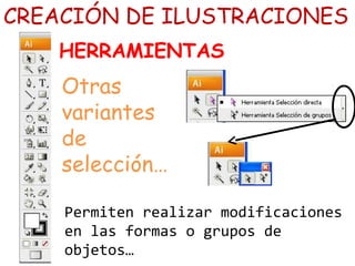 Permiten realizar modificaciones
en las formas o grupos de
objetos…
CREACIÓN DE ILUSTRACIONES
HERRAMIENTAS
Otras
variantes
de
selección…
 