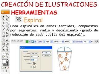 Crea espirales en ambos sentidos, compuestos
por segmentos, radio y decaimiento (grado de
reducción de cada vuelta del espiral)…
CREACIÓN DE ILUSTRACIONES
HERRAMIENTAS
Espiral
 