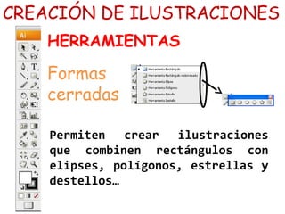 Permiten crear ilustraciones
que combinen rectángulos con
elipses, polígonos, estrellas y
destellos…
CREACIÓN DE ILUSTRACIONES
HERRAMIENTAS
Formas
cerradas
 