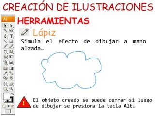 Simula el efecto de dibujar a mano
alzada…
CREACIÓN DE ILUSTRACIONES
HERRAMIENTAS
Lápiz
El objeto creado se puede cerrar si luego
de dibujar se presiona la tecla Alt.
 