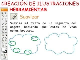 Suaviza el trazo de un segmento del
objeto haciendo que estos se vean
menos bruscos…
CREACIÓN DE ILUSTRACIONES
HERRAMIENTAS
Suavizar
 