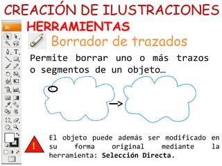 Permite borrar uno o más trazos
o segmentos de un objeto…
CREACIÓN DE ILUSTRACIONES
HERRAMIENTAS
El objeto puede además ser modificado en
su forma original mediante la
herramienta: Selección Directa.
Borrador de trazados
 