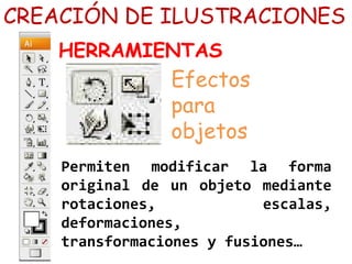 CREACIÓN DE ILUSTRACIONES
HERRAMIENTAS
Efectos
para
objetos
Permiten modificar la forma
original de un objeto mediante
rotaciones, escalas,
deformaciones,
transformaciones y fusiones…
 