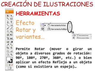 CREACIÓN DE ILUSTRACIONES
HERRAMIENTAS
Efecto
Rotar y
variantes…
Permite Rotar (mover o girar un
objeto a diversos grados de rotación:
90º, 180º, 270º, 360º, etc.) o bien
aplicar un efecto Reflejo a un objeto
(como si existiera un espejo)…
 