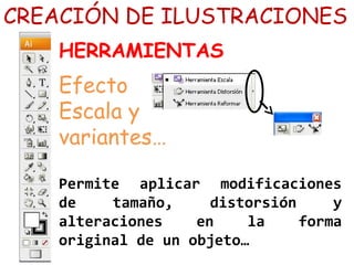 CREACIÓN DE ILUSTRACIONES
HERRAMIENTAS
Efecto
Escala y
variantes…
Permite aplicar modificaciones
de tamaño, distorsión y
alteraciones en la forma
original de un objeto…
 