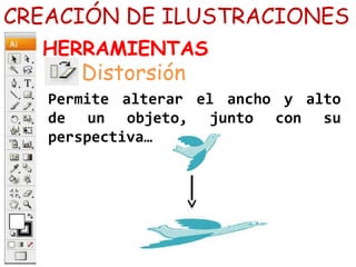 CREACIÓN DE ILUSTRACIONES
HERRAMIENTAS
Permite alterar el ancho y alto
de un objeto, junto con su
perspectiva…
Distorsión
 