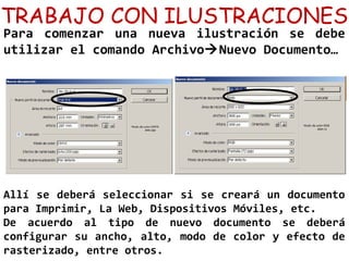 TRABAJO CON ILUSTRACIONES
Para comenzar una nueva ilustración se debe
utilizar el comando ArchivoNuevo Documento…
Allí se deberá seleccionar si se creará un documento
para Imprimir, La Web, Dispositivos Móviles, etc.
De acuerdo al tipo de nuevo documento se deberá
configurar su ancho, alto, modo de color y efecto de
rasterizado, entre otros.
 