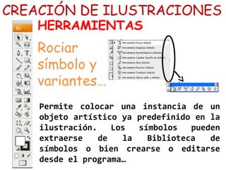 CREACIÓN DE ILUSTRACIONES
HERRAMIENTAS
Rociar
símbolo y
variantes…
Permite colocar una instancia de un
objeto artístico ya predefinido en la
ilustración. Los símbolos pueden
extraerse de la Biblioteca de
símbolos o bien crearse o editarse
desde el programa…
 