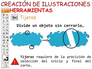 CREACIÓN DE ILUSTRACIONES
HERRAMIENTAS
Divide un objeto sin cerrarlo…
Tijeras
Tijeras requiere de la precisión de
selección del inicio y final del
corte.
 
