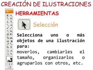Selecciona uno o más
objetos de una ilustración
para:
moverlos, cambiarles el
tamaño, organizarlos o
agruparlos con otros, etc.
CREACIÓN DE ILUSTRACIONES
HERRAMIENTAS
Selección
 
