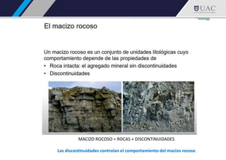 MACIZO ROCOSO = ROCAS + DISCONTINUIDADES
Las discontinuidades controlan el comportamiento del macizo rocoso
 