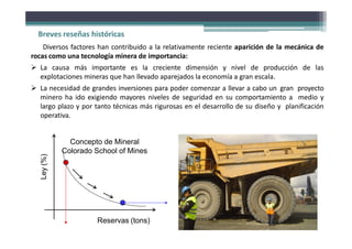 Breves reseñas históricas
Ley
(%)
Reservas (tons)
Diversos factores han contribuido a la relativamente reciente aparición de la mecánica de
rocas como una tecnología minera de importancia:
 La causa más importante es la creciente dimensión y nivel de producción de las
explotaciones mineras que han llevado aparejados la economía a gran escala.
 La necesidad de grandes inversiones para poder comenzar a llevar a cabo un gran proyecto
minero ha ido exigiendo mayores niveles de seguridad en su comportamiento a medio y
largo plazo y por tanto técnicas más rigurosas en el desarrollo de su diseño y planificación
operativa.
Concepto de Mineral
Colorado School of Mines
 