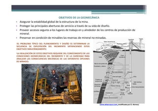 OBJETIVOS DE LA GEOMECÁNICA
• Asegurar la estabilidad global de la estructura de la mina.
• Proteger las principales aberturas de servicio a través de su vida de diseño.
• Proveer accesos seguros a los lugares de trabajo en y alrededor de los centros de producción de
mineral.
• Preservar en condición de minables las reservas de mineral no minadas.
!EL PROBLEMA TÍPICO DEL PLANEAMIENTO Y DISEÑO ES DETERMINAR LA
SECUENCIA DE EXPLOTACIÓN DEL YACIMIENTO SATISFACIENDO ESTOS
OBJETIVOS SIMULTÁNEAMENTE¡
!LA REALIZACIÓN DE ESTOS OBJETIVOS REQUIERE DEL CONOCIMIENTO DE LAS
CONDICIONES GEOMECÁNICAS DEL YACIMIENTO Y DE LA CAPACIDAD PARA
ANALIZAR LAS CONSECUENCIAS MECÁNICAS DE LAS DIFERENTES OPCIONES
DE MINADO¡
(www.atlascopco.com, modificada por E. Alonso)
 
