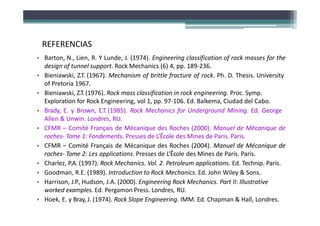• Barton, N., Lien, R. Y Lunde, J. (1974). Engineering classification of rock masses for the
design of tunnel support. Rock Mechanics (6) 4, pp. 189‐236.
• Bieniawski, Z.T. (1967). Mechanism of brittle fracture of rock. Ph. D. Thesis. University
of Pretoria 1967.
• Bieniawski, Z.T.(1976). Rock mass classification in rock engineering. Proc. Symp.
Exploration for Rock Engineering, vol 1, pp. 97‐106. Ed. Balkema, Ciudad del Cabo.
• Brady, E. y Brown, E.T.(1985). Rock Mechanics for Underground Mining. Ed. George
Allen & Unwin. Londres, RU.
• CFMR – Comité Français de Mécanique des Roches (2000). Manuel de Mécanique de
roches‐ Tome 1: Fondements. Presses de L’Êcole des Mines de Paris. Paris.
• CFMR – Comité Français de Mécanique des Roches (2004). Manuel de Mécanique de
roches‐ Tome 2: Les applications. Presses de L’Êcole des Mines de Paris. Paris.
• Charlez, P.A. (1997). Rock Mechanics. Vol. 2. Petroleum applications. Ed. Technip. Paris.
• Goodman, R.E. (1989). Introduction to Rock Mechanics. Ed. John Wiley & Sons.
• Harrison, J.P., Hudson, J.A. (2000). Engineering Rock Mechanics. Part II: Illustrative
worked examples. Ed. Pergamon Press. Londres, RU.
• Hoek, E. y Bray, J. (1974). Rock Slope Engineering. IMM. Ed. Chapman & Hall, Londres.
REFERENCIAS
 