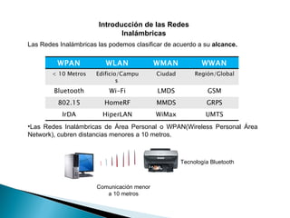 Introducción de las Redes Inalámbricas Las Redes Inalámbricas las podemos clasificar de acuerdo a su  alcance. Las Redes Inalámbricas de Área Personal o WPAN(Wireless Personal Área Network), cubren distancias menores a 10 metros. Comunicación menor a 10 metros Tecnología Bluetooth WPAN WLAN WMAN WWAN < 10 Metros Edificio/Campus  Ciudad Región/Global Bluetooth Wi-Fi LMDS GSM 802.15 HomeRF MMDS GRPS IrDA HiperLAN WiMax UMTS 